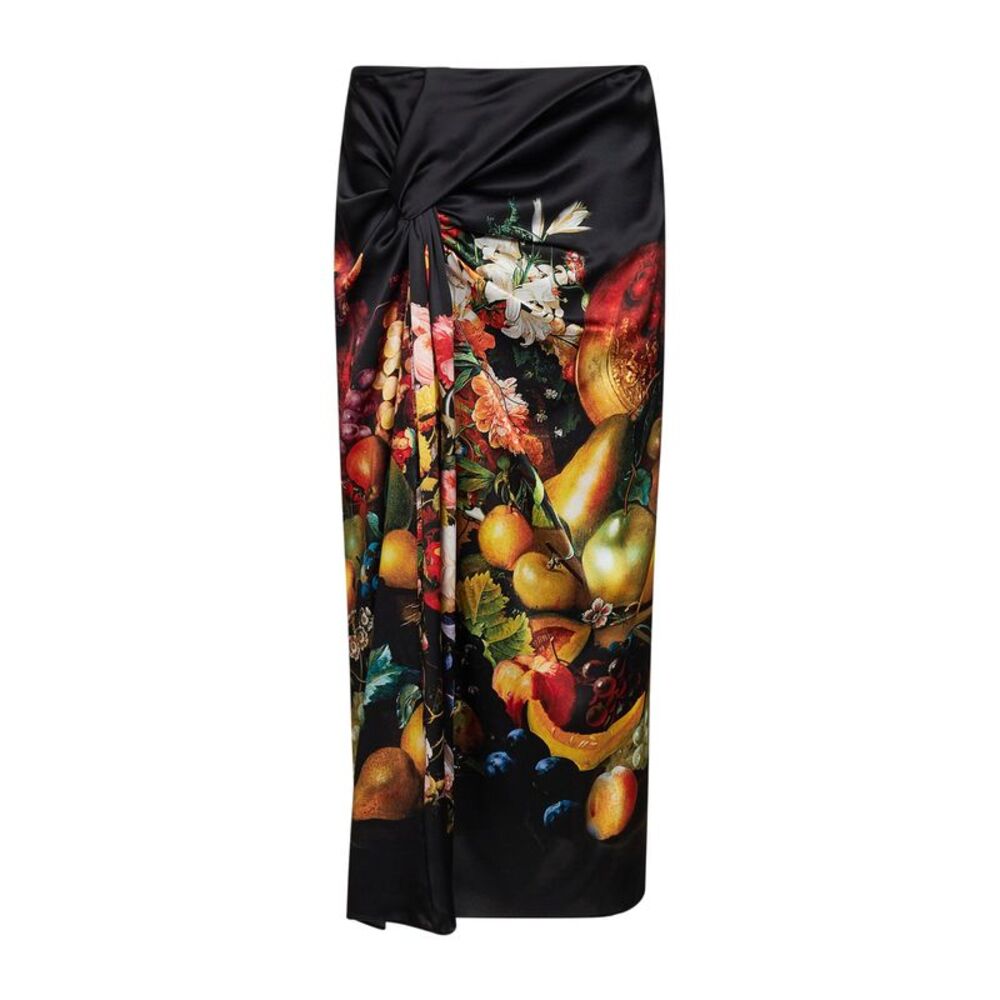 Dries Van Noten Women Black Flemish Painting-Print Silk Suma Draped Skirt